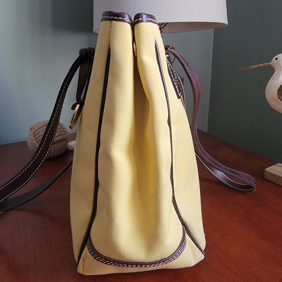Vintage Dooney & Bourke Yellow Canvas Twill Shopper Tote Bag Brown Leather Purse - Picture 4 of 14